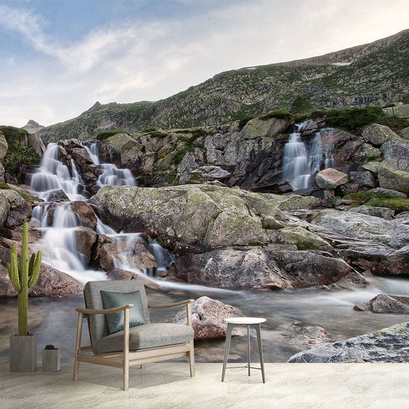Modern Waterfalls Wallpaper Mural Brown Mountain and Rivulet Scenery Wall Covering