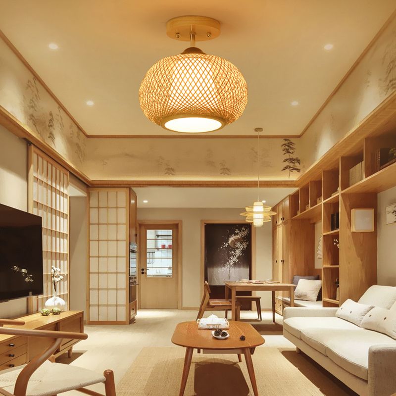 Lámpara de techo de madera de estilo asiático, luz de montaje empotrado de bambú tejida a mano, para salón de té
