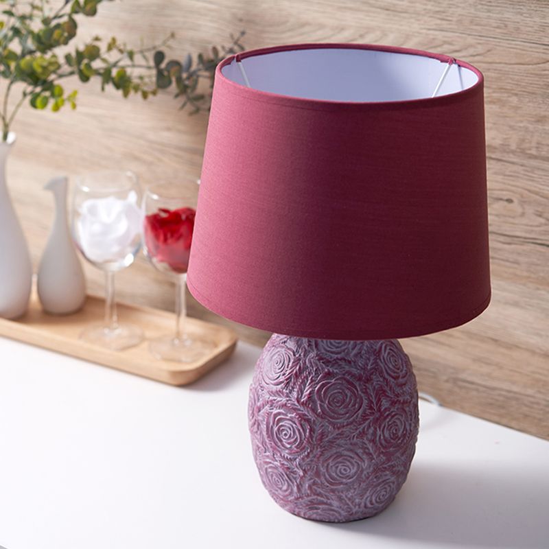 Rural Carved Rose Pot Night Lamp 1 Head Ceramic Table Light with Tapered Drum Shade in Purple and Red
