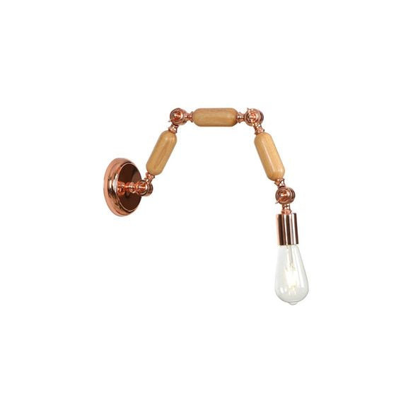 1 Head Bare Bulb Wall Sconce Industrial Style Rose Gold Wood and Metal Wall Light Fixture with Triple Joint
