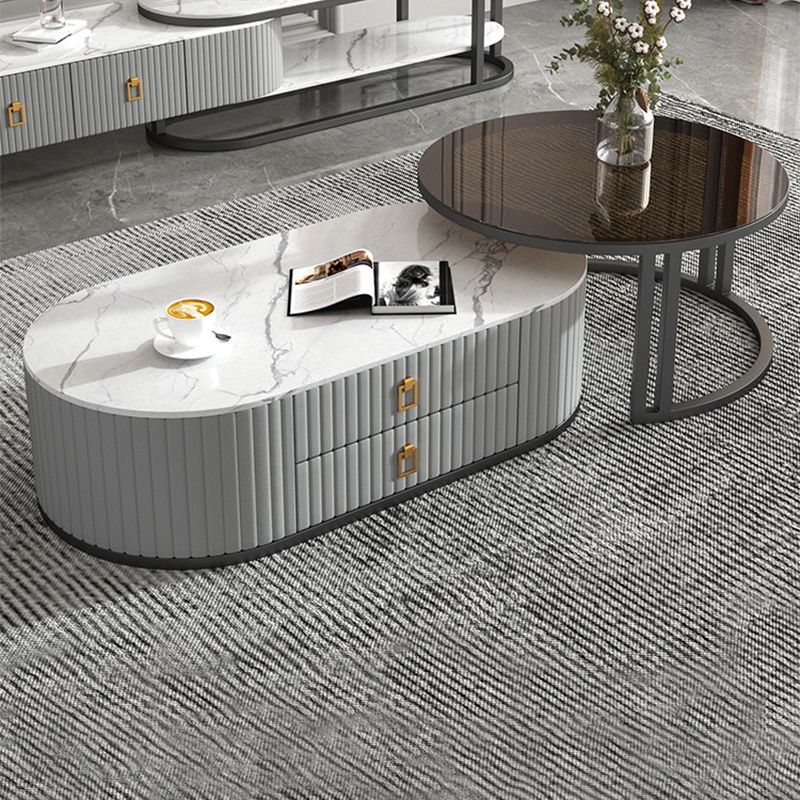 Oval Tropical Coffee Table Slate Storage 2 Nesting Coffee Table Set