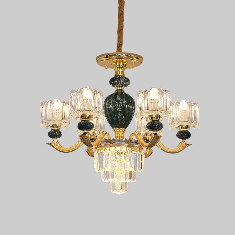 Traditional Urn Hanging Chandelier 6 Bulbs Crystal Hanging Ceiling Lamp in Red/Green with Drum Shade