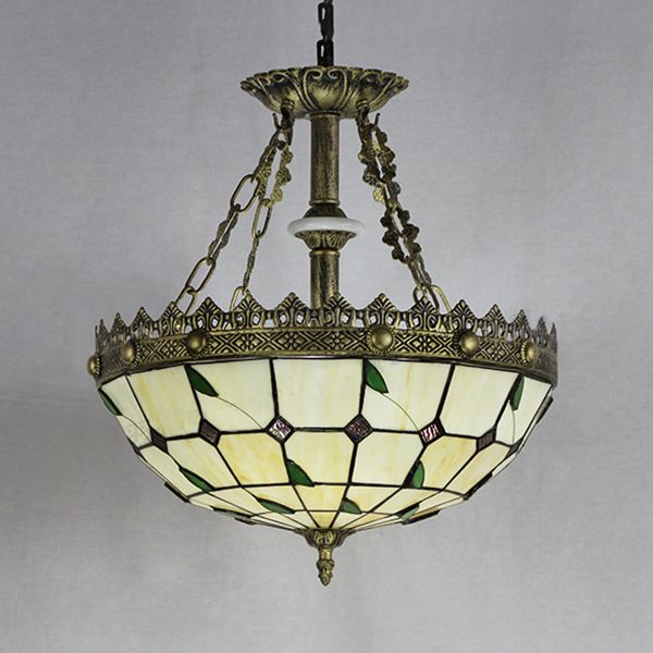 Lodge Leaf Suspended Light with Stained Glass Bowl Shade 3 Lights Indoor Lighting for Kitchen