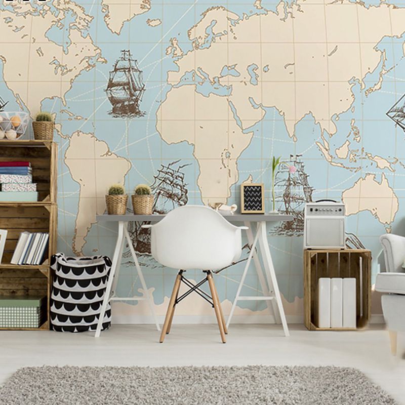 Whole Illustration Mid Century Mural for Living Room with World Map and Sailing Boat in Pastel Blue