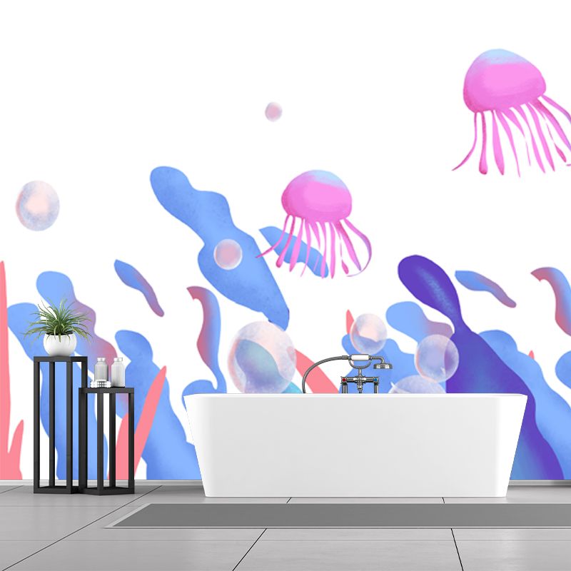 Kids Seaweed and Jellyfish Mural for Bedroom Personalized Wall Decor in Blue-Purple on White