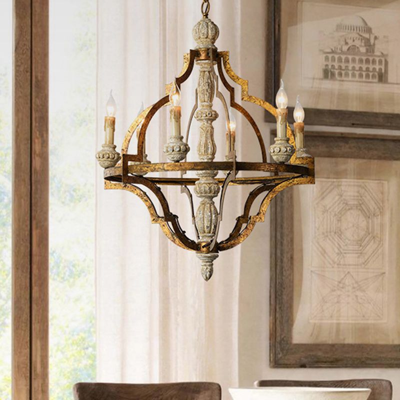 Forme de bougie vintage Pendentif suspendu 6 lumières Plafond en bois lustre en laiton antique pour salle à manger