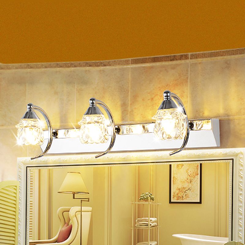Modern Mushroom Vanity Mirror Light Clear Crystal 3 Lights Bathroom Wall Lamp with Curved Arm in Silver, Warm/White Light