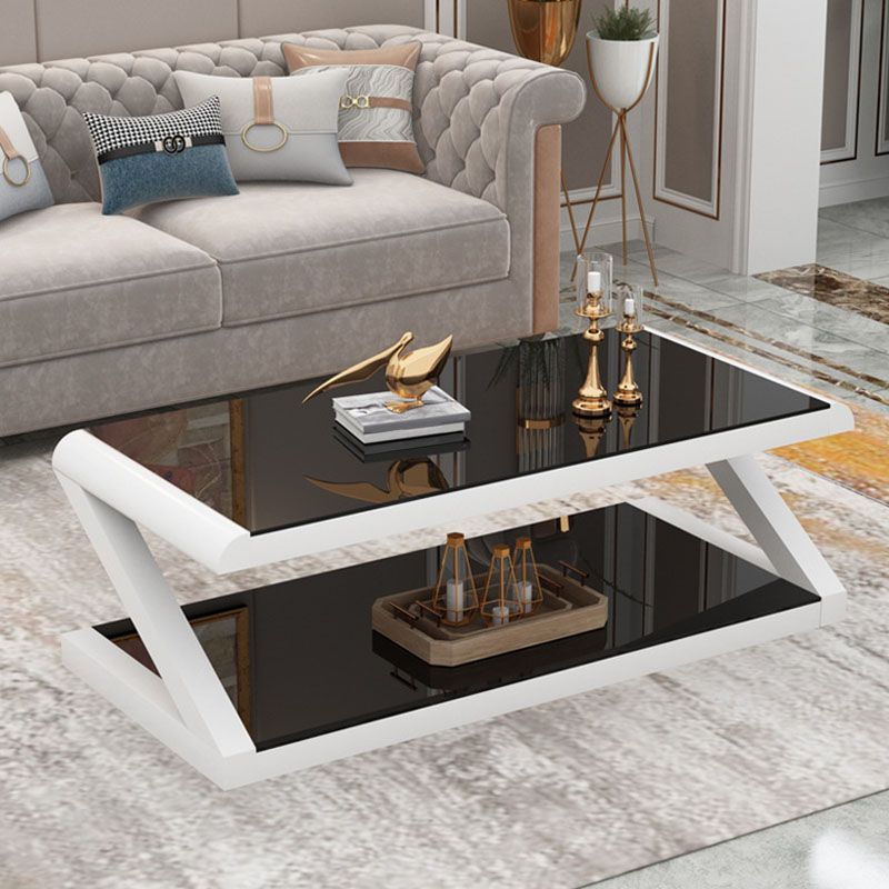 17.7"H Rectangle Glass Coffee Table Steel Abstract Base Cocktail Table with Shelf