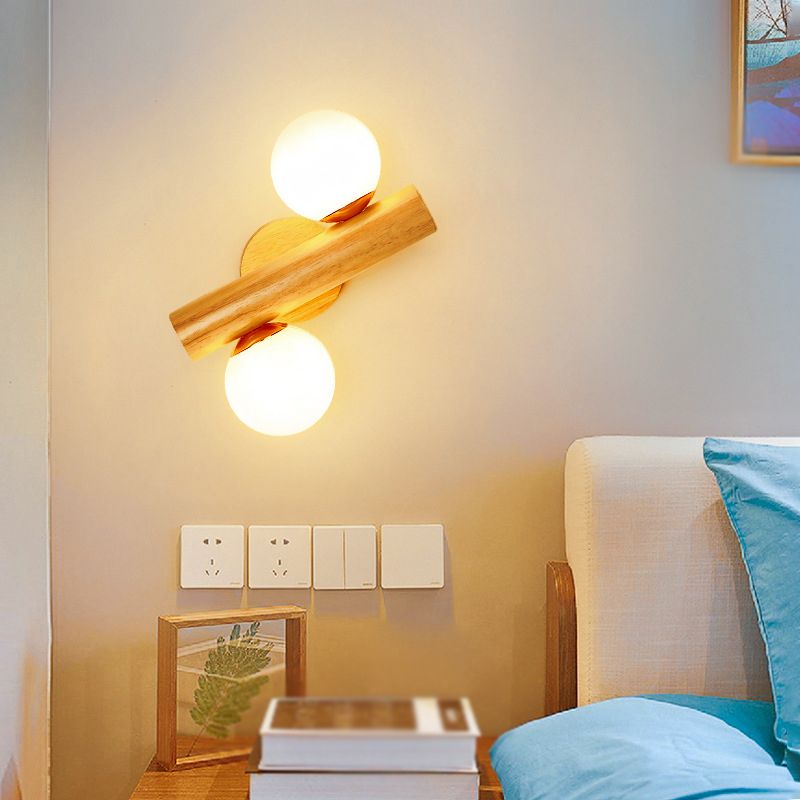 Contemporary Wood Wall Light White Glass Shaded Lighting for Hallway