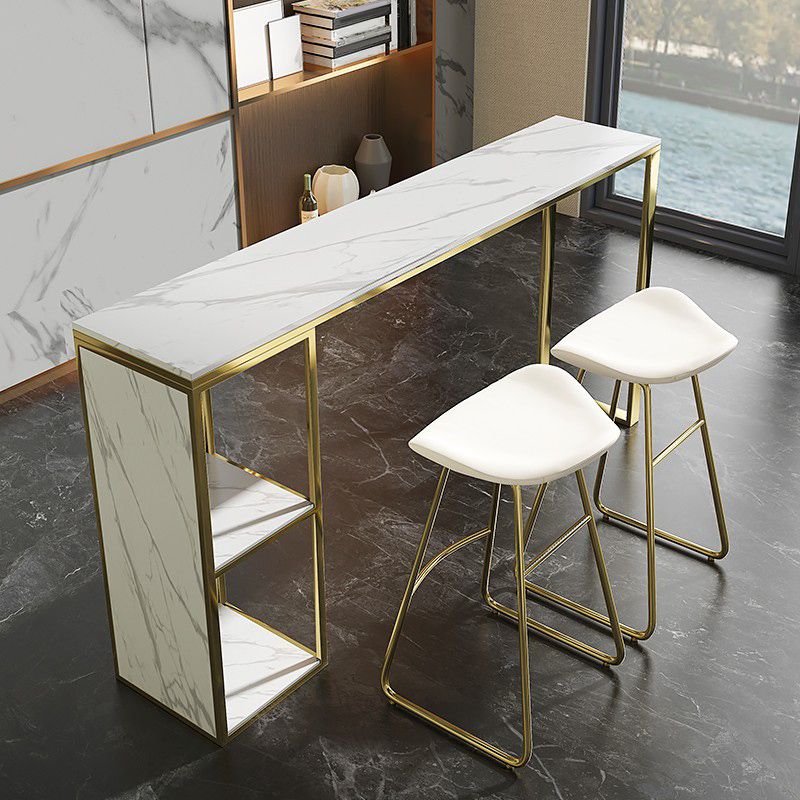 Rectangle Pub Table Faux Marble Bar Height Cocktail Table with Shelves