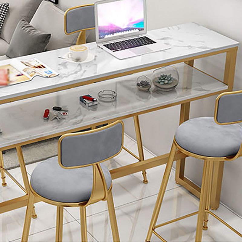 Glam Rectangle Faux Marble Pub Bar Table Gold Iron Bar Dining Table with Trestle Pedestal