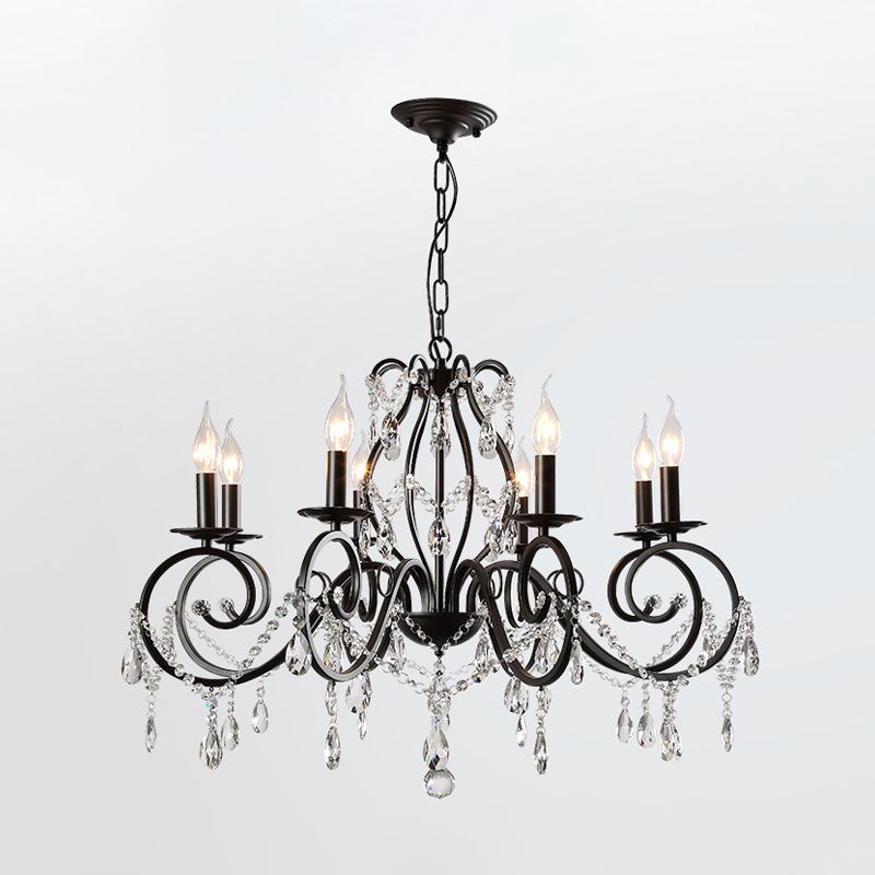 8-Bulb Scrolled Arm Chandelier Black Metal Ceiling Pendant Light with Crystal Draping