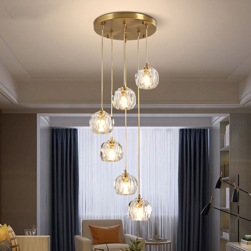Dome Shade Pendant Light Contemporary Faceted Crystal Staircase Suspension Light Fixture in Brass