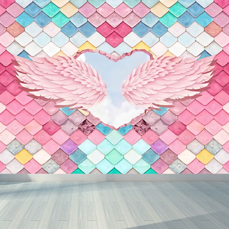 Pink Feather Wall Mural Wings with Fishscale Tile Modern Stain Resistant Wall Covering