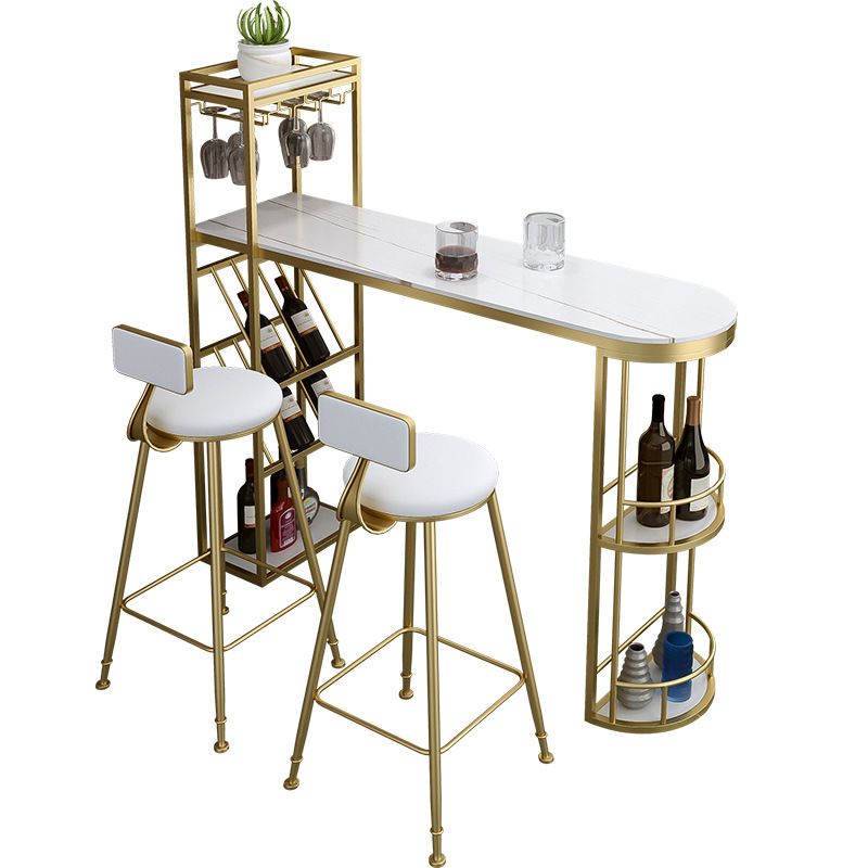 Stone Indoor Glam Bar Dining Table Metal Double Pedestal Bistro Table with Wine Rack