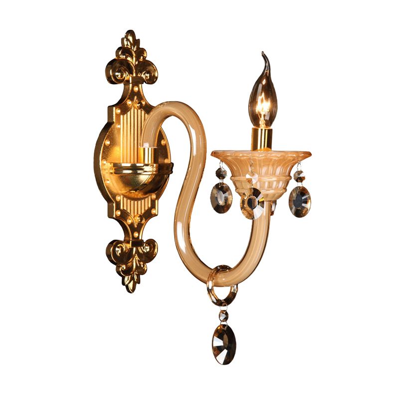 Curved Arm White Glass Wall Light Fixture Traditional 1 Head Living Room Sconce Light with Beveled Crystal Accent