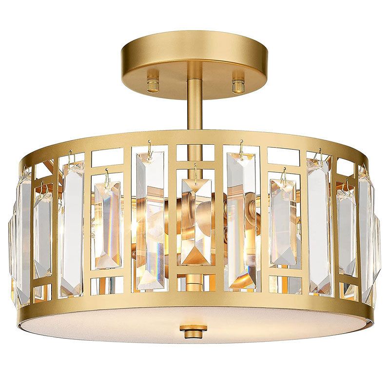 Crystal Semi Flush Contemporary 2 - Light Drum Ceiling Semi Flush in Gold