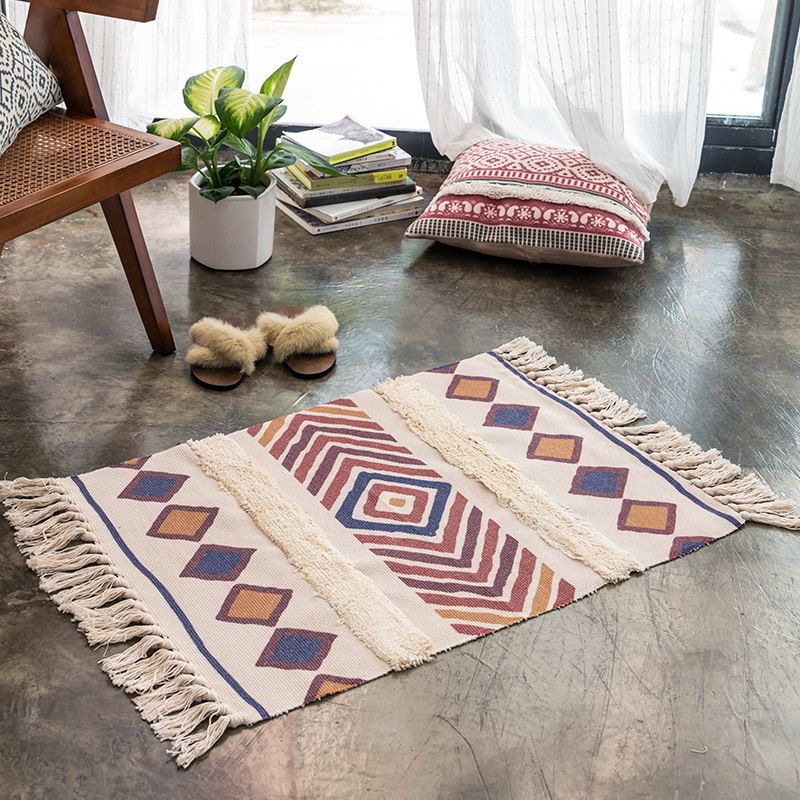 Tapis de décoration marocaine Multi-couleur Southwestern Print Carpet Cotton Blend Pet Friendly Zone Washable Area With Tassel