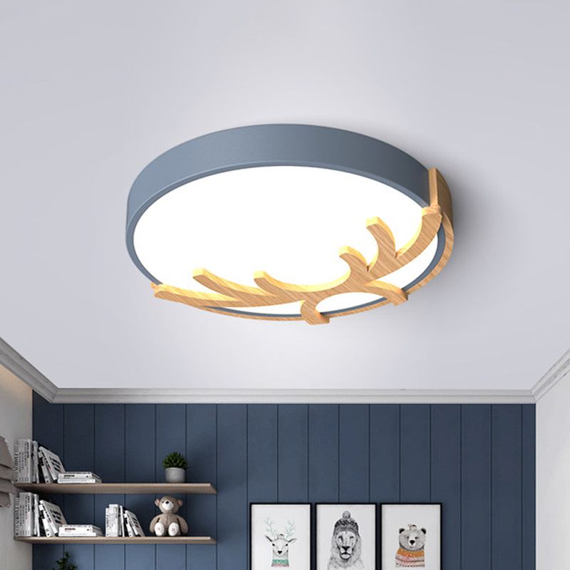 Lampada da soffitto rotonda acrilica Nordic Led Flushmount Illuminazione con legno Antler in bianco/verde/grigio