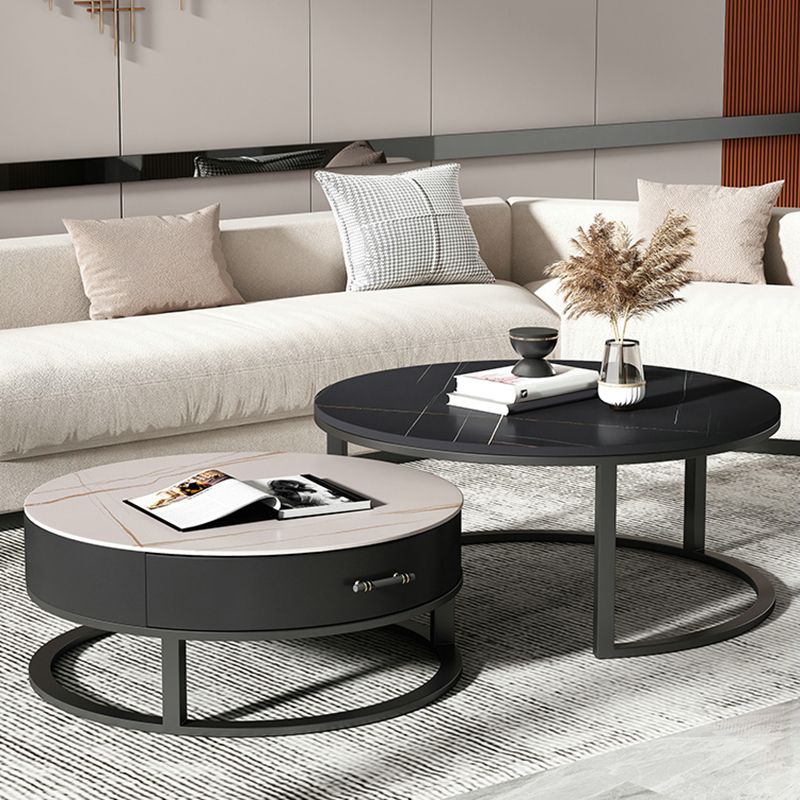 Round Slate Top Coffee Table Set Frame Cocktail Table with Storage Drawers