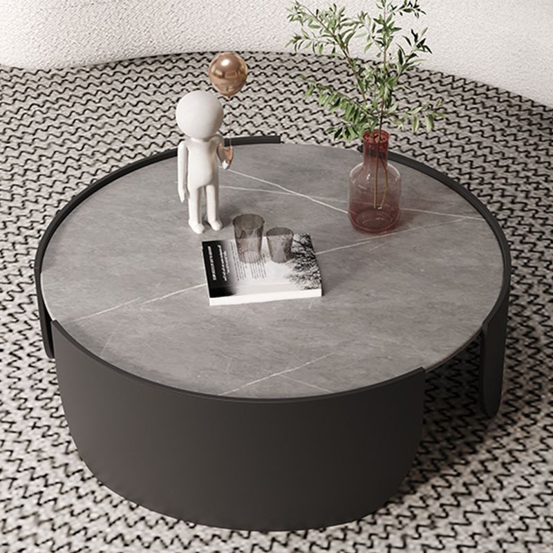 Glam Stone Top Coffee Table with Steel Drum Base Round Cocktail Table