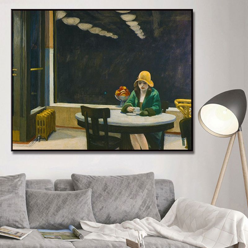 Nordic Figure Canvas Wall Art Black Woman Waiting in Cafe Painting for Sitting Room