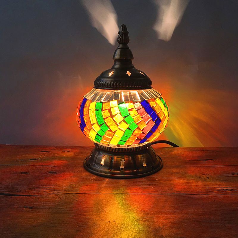 1 Head Globe Table Lamp Traditional Red/Orange/Light Blue Stained Class Nightstand Lamp for Bedroom