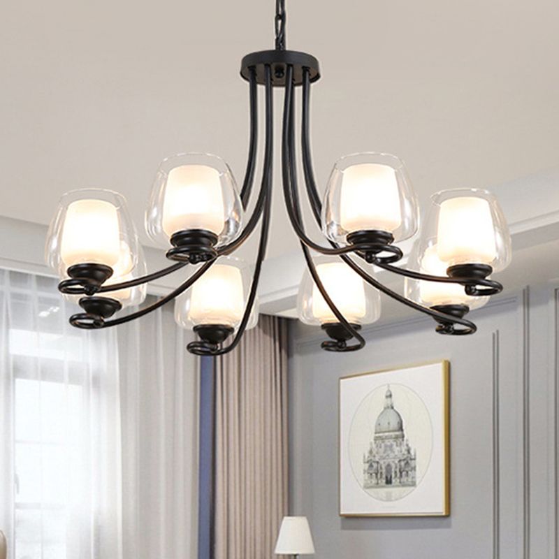 8 Lights Chandelier Light with Cylinder Shade Double-Layered Glass Classic Living Room Ceiling Lamp