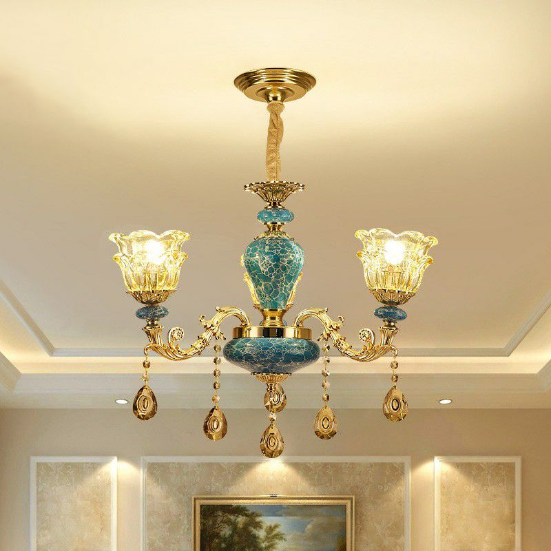 Luxe traditionele bloem omhoog kroonluchter helder glazen ophanging licht in blauw met kristallen druppels