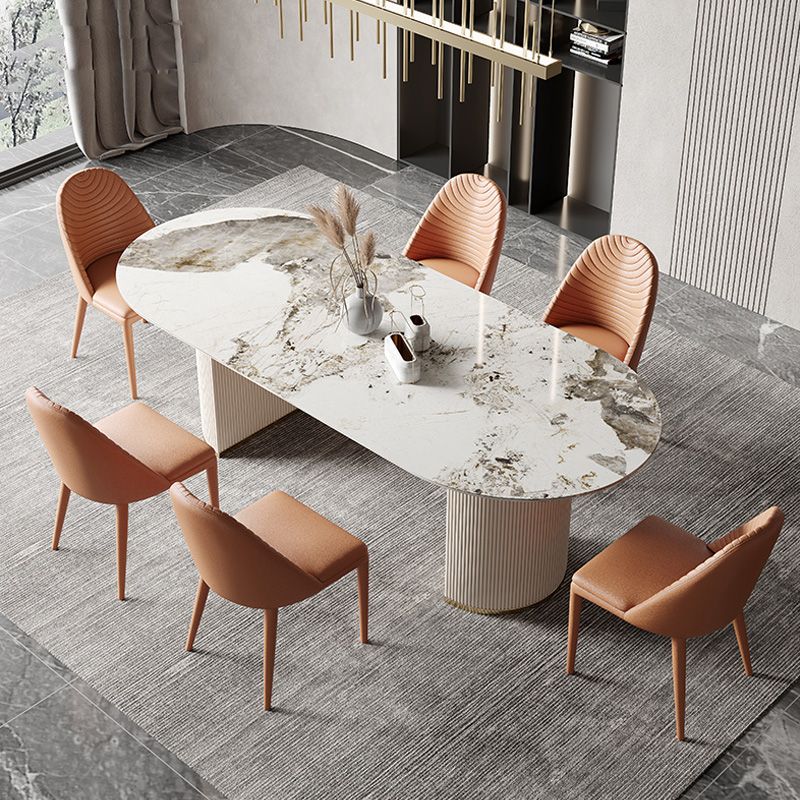 Glam Oval Dining Table Stone Top Dining Table with Double Pedestal in White