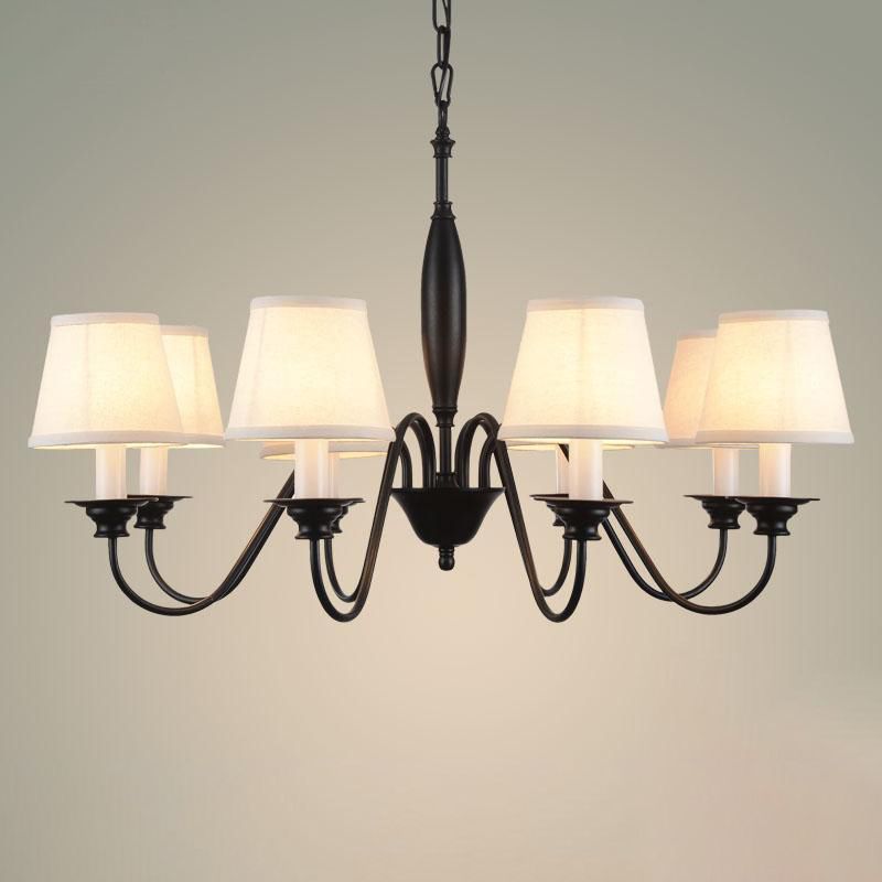 Black Candle Chandelier Rustic Fabric Restaurant Hanging Light with Tapered Fabric Shade