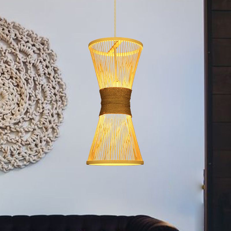 Hourglass Hanging Lamp Asian Style Bamboo Single Bulb Beige Ceiling Pendant Light