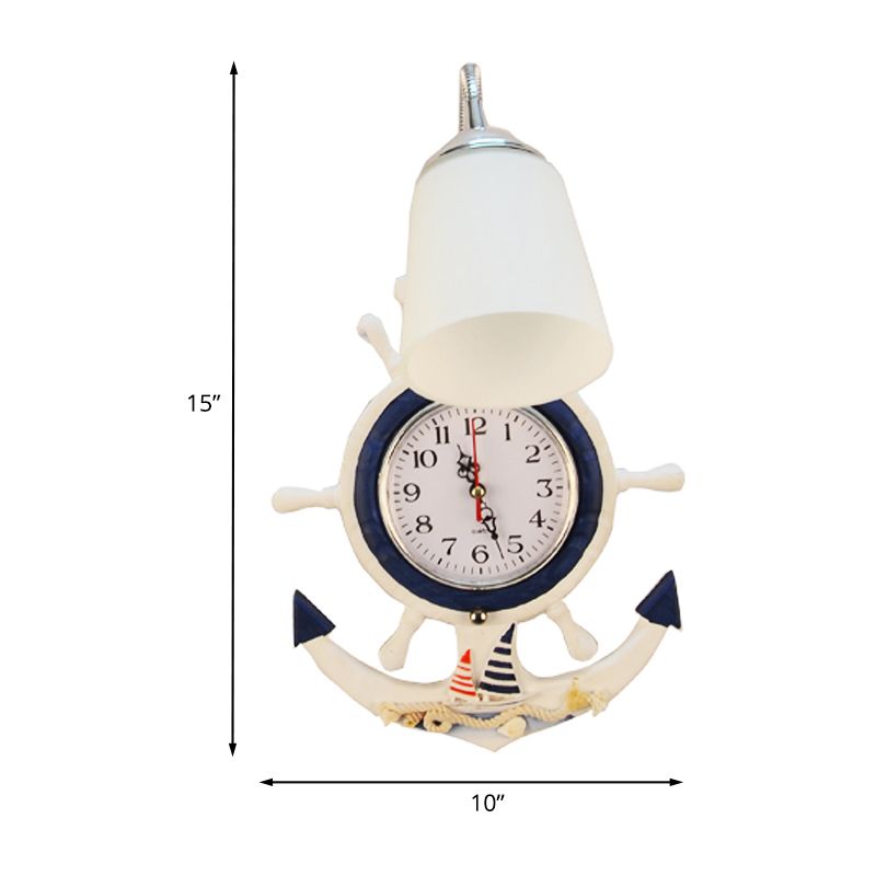 Kids 1 Bulb Sconce Lighting Wood White-Blue Flexible Gooseneck Wall Light with Glass Shade and Clock-Rudder Decoration