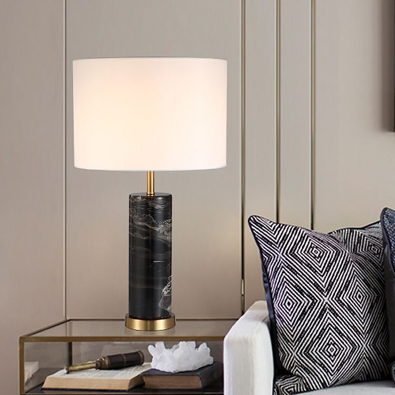 White Cylinder Task Light Nordic 1 Bulb Fabric Night Table Lamp with Black Marble Base