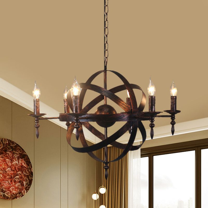 Candle Metallic Chandelier Light Fixture with Spherical Cage Shade Vintage 6/8 Heads Restaurant Ceiling Light in Black/Rust