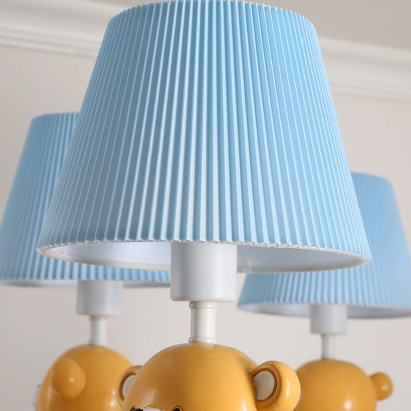 Pleated Shade Ceiling Pendant Cartoon Fabric White Chandelier Light with Bear Figurine for Child Room