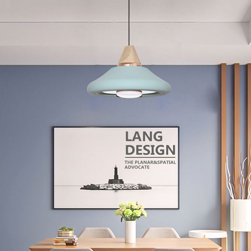 Macaron Wide Flare Down Lighting Metal 1 Bulb Pendant Light Fixture in Blue/Green with Wood Cap