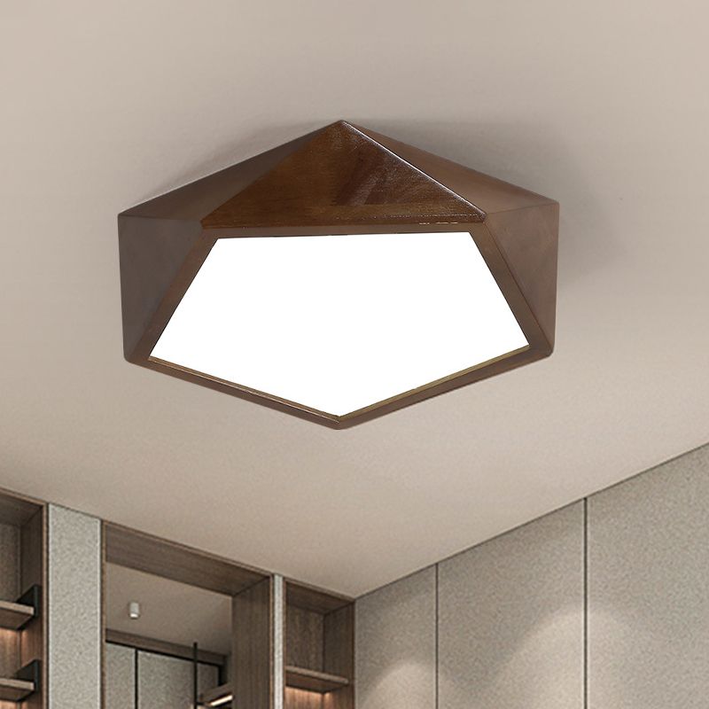 Brown Faceted Pentagon Ceiling Mount Lamp Minimalist 13"/16"/19.5" Wide LED Wooden Flush Lighting