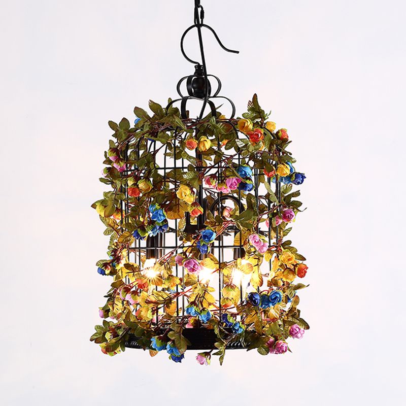 Green 3 Heads Chandelier Lighting Industrial Metal Birdcage LED Flower Suspension Pendant