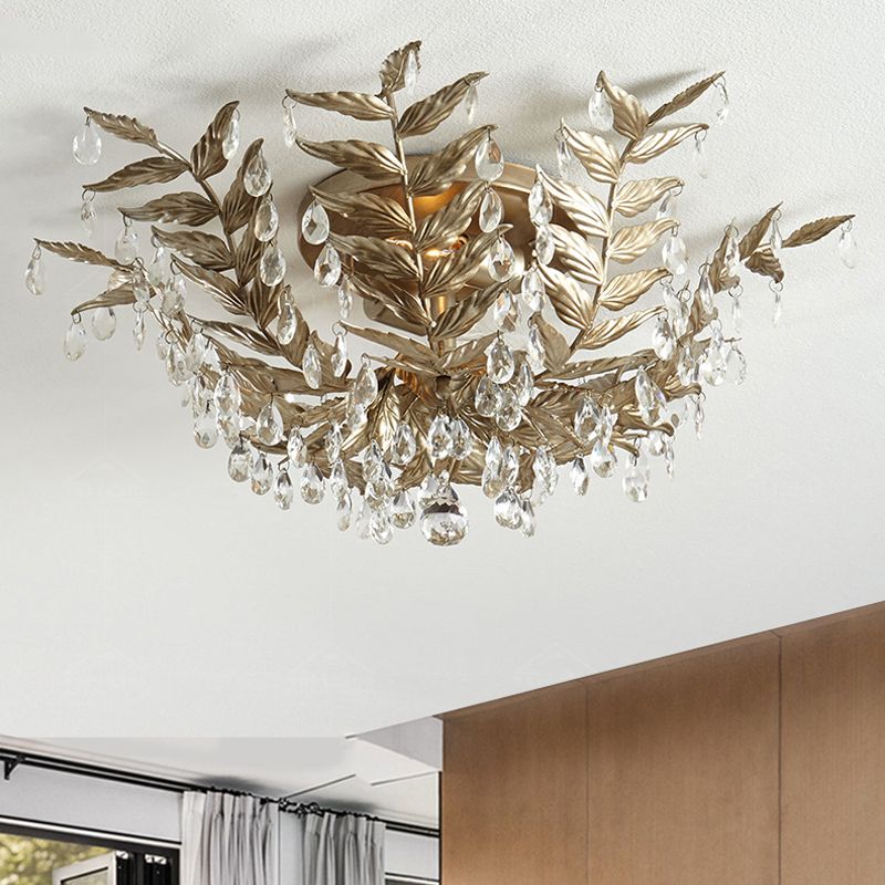 Crystal Orb Gold/Black Semi-Flush Mount Leaf 10 Heads Classic Style Close to Ceiling Light for Bedroom
