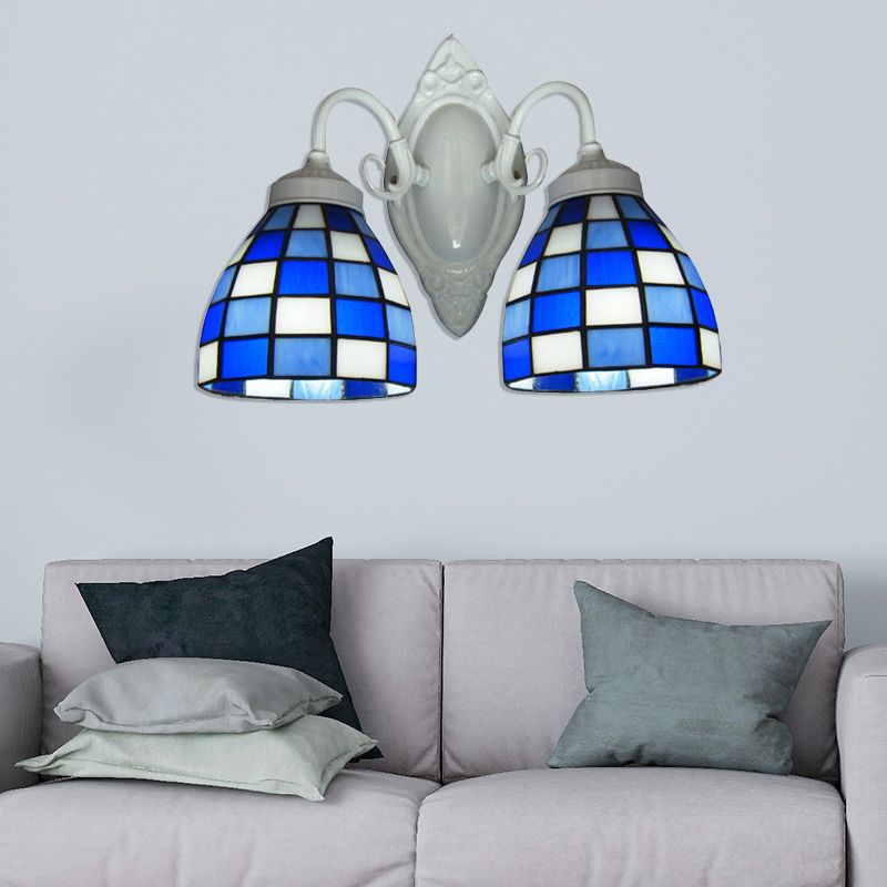 Mosaic Dome Wall Lighting Blue Glass 2 Lights Bathroom Wall Mounted Lamp in White Finish