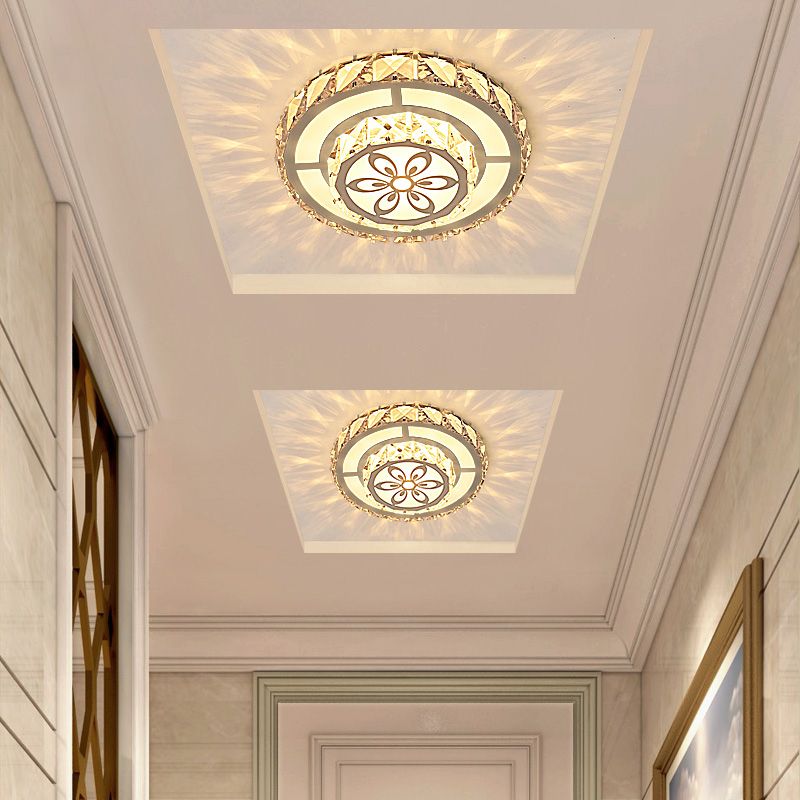 Round Clear Crystal LED Flush Mount Modern White Flushmount Ceiling Light for Entryway