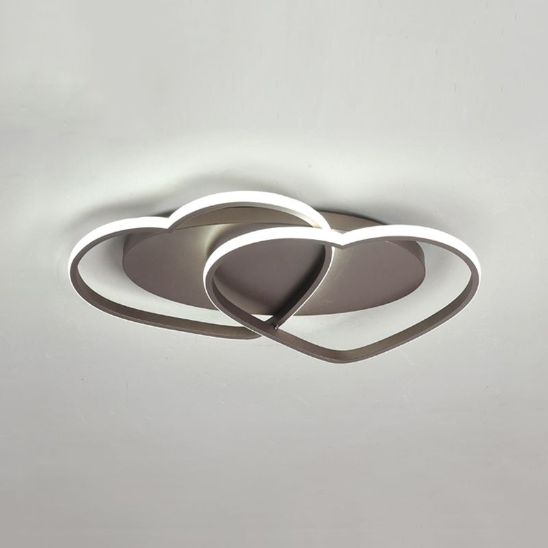 Metal Double Heart Flush Mount Light Romantic Ceiling Lamp in Brown for Study Room