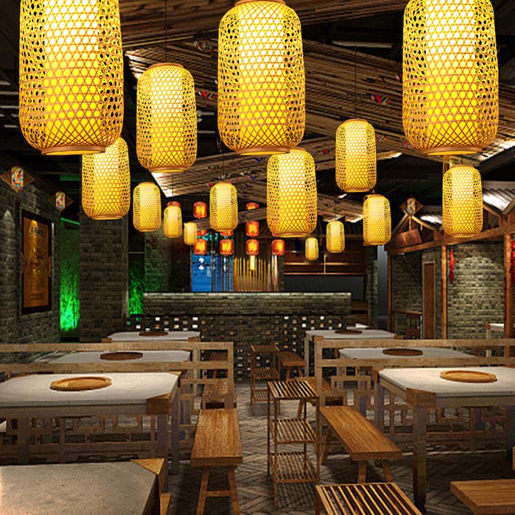 1 Light Lantern Hanging Light Fixtures Japanese Bamboo Ceiling Pendant for Restaurant
