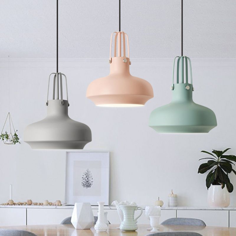 Macaron Pot Pendant Ceiling Lamp Aluminum 1 Head Restaurant Down Lighting with Gripper in Pink/Blue/Grey