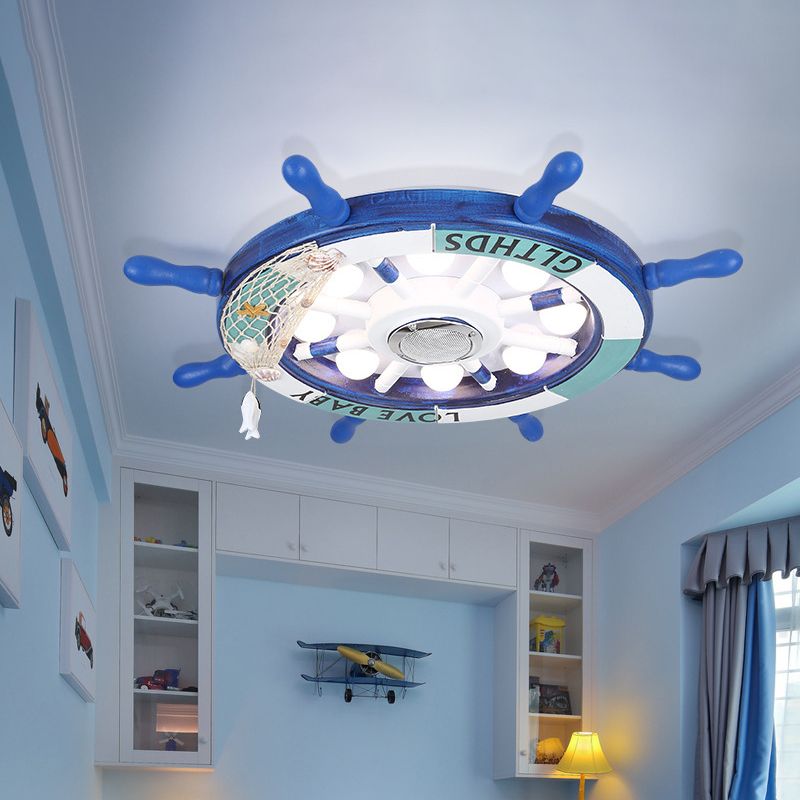 18"/25.5" W Blue Rudder Flush Light Fixture Mediterranean LED Wooden Flush Mount Recessed Lighting for Boys Bedroom