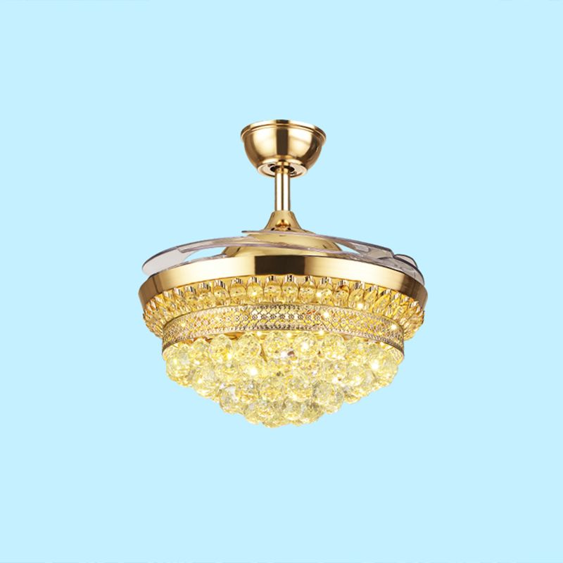 Abgestufte Kristallkugel Semi Flush Mount Light Contemporary Gold 4-Blade LED Hanging Lüfterleuchte