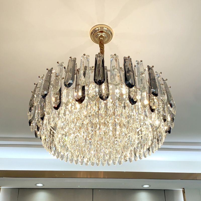 9 Heads Grey Crystal Block Chandelier Modern Gold Round Living Room Ceiling Hang Fixture