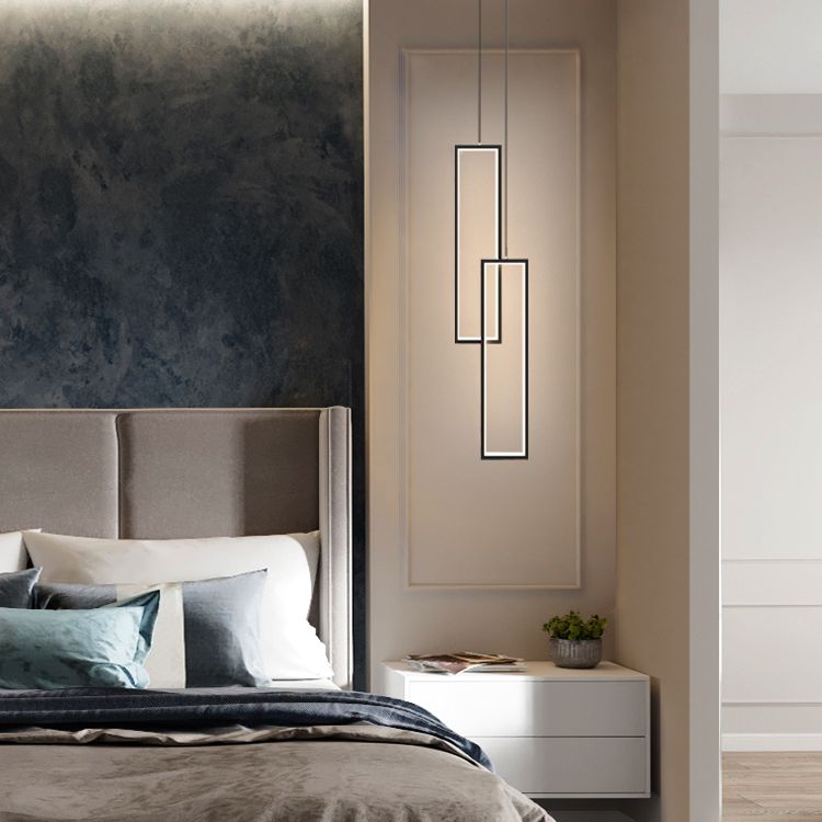 Rectangular LED Pendant Light Minimalist Metal 2-Light Bedside Hanging Light in Black