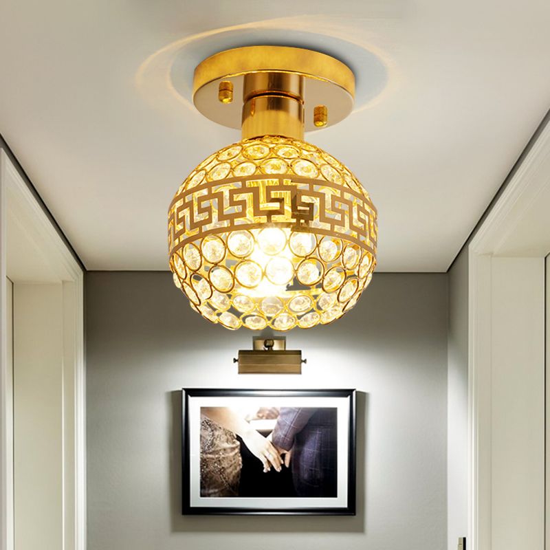 Inlaid Crystal Gold Semi Mount Lighting Oriental Trim Detailing Dome 1 Head Vintage Ceiling Lamp